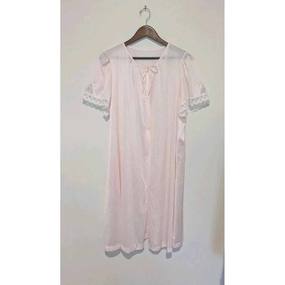 Vintage Deena Button Front Robe S/S Pink Dressing Gown Granny Chic Cottage L